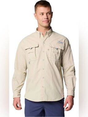 Columbia PFG Bahama II Long Sleeve Fishing Shirt in a fossil Tan/Beige